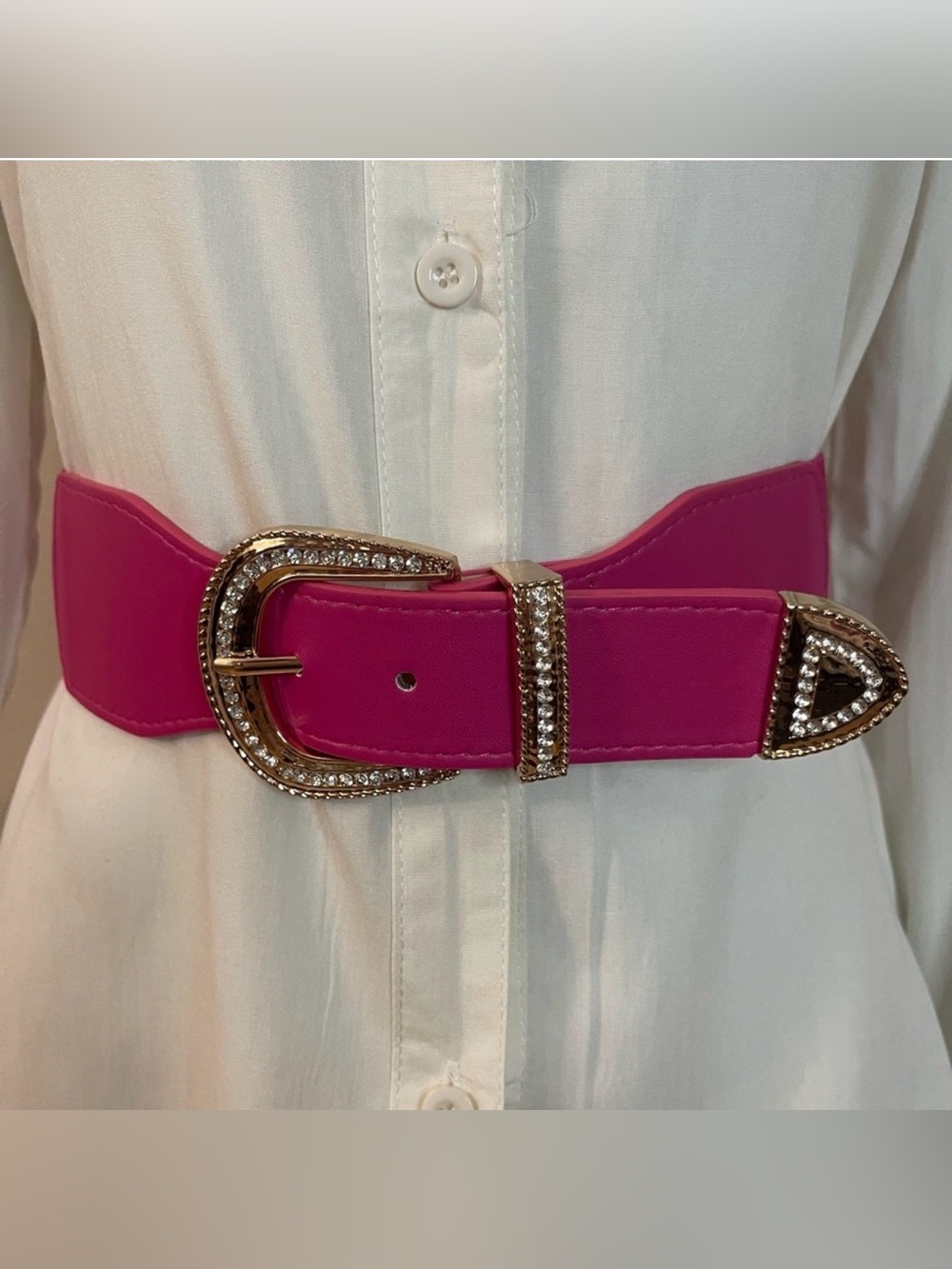 Pink PU leather gold tone buckle with rhinestones elastic waistband belt